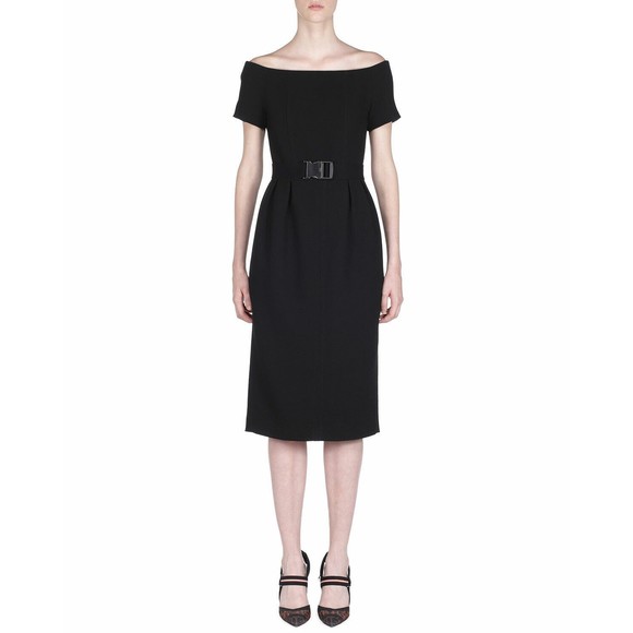 FENDI Roma Black Off Shoulder Crepe Wool Pleated Waist Midi LBD Dress 42 6US NEW - Picture 9 of 12